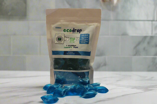 Pack of eco-friendly laundry pods with 'ecodrop' branding on a plain background