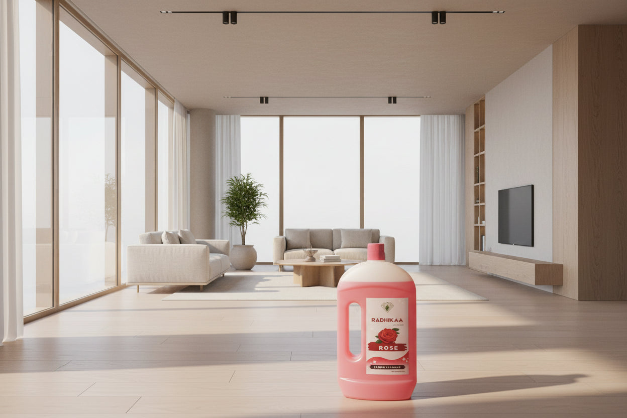 Red bottle with 'Radhikaa Rose' label on a beige background