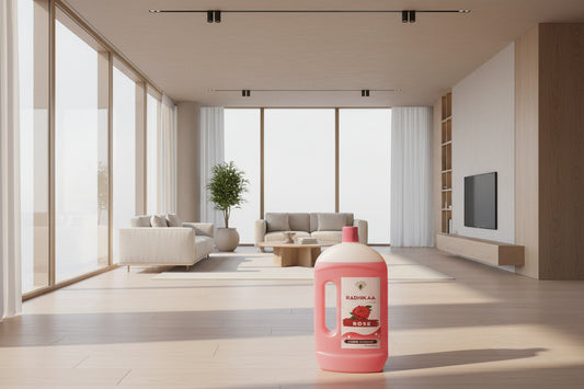 Red bottle with 'Radhikaa Rose' label on a beige background