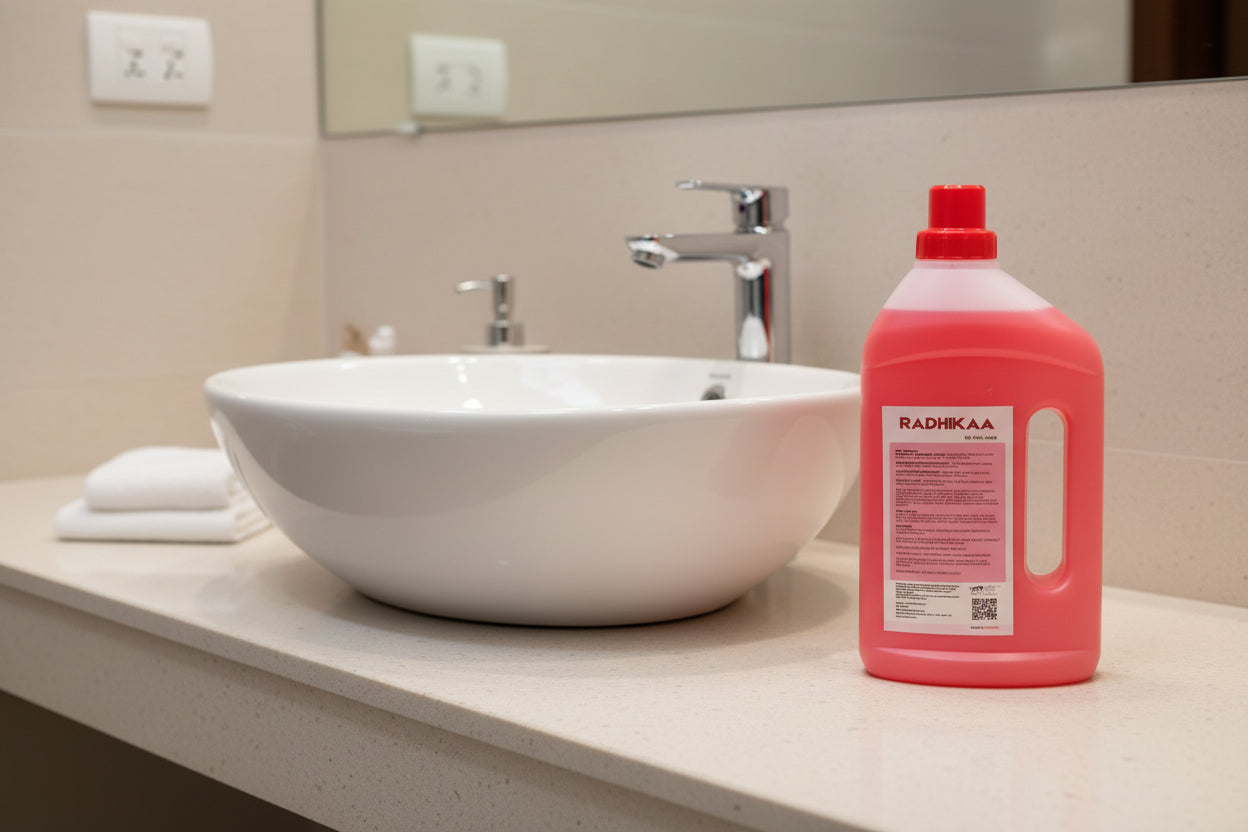 Red container with a label on a beige background